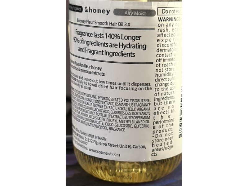 &Honey Smooth Hair Oil 3.0, Fleur, Osmanthus & Mimosa Extract, 3.4 fl oz/100 mL