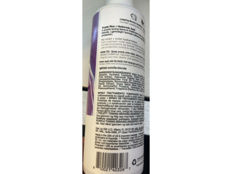 IGK La Blonde Toning Treatment Spray, Purple, 7 fl oz/207 mL