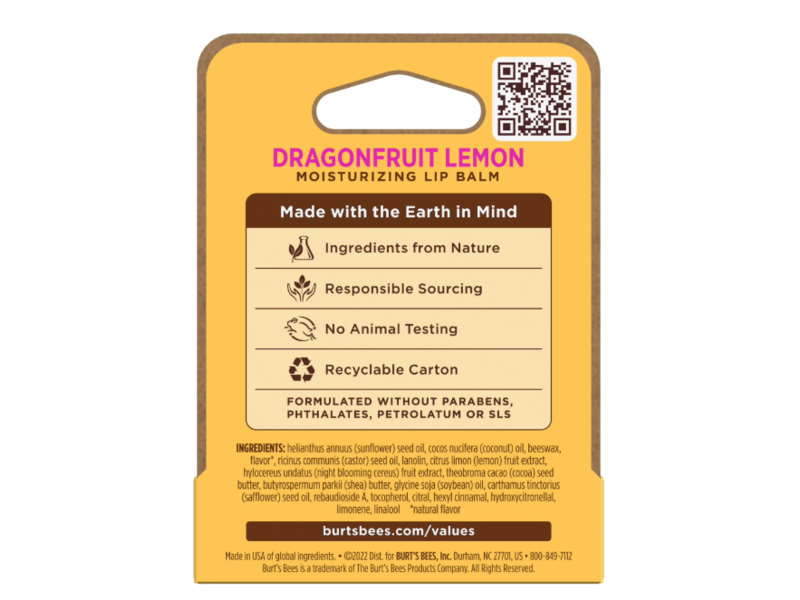 Burt's Bees Moisturizing Lip Balm, Dragonfruit Lemon, 0.15 oz/4.25g