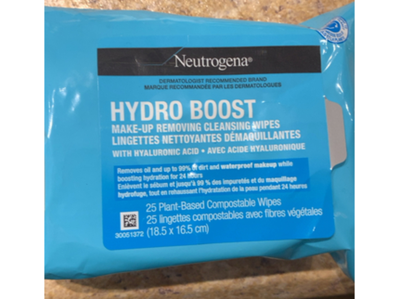 Neutrogena Hydro Boost Make-Up Removing Cleansing Wipes, Hyaluronic Acid, 25 Count