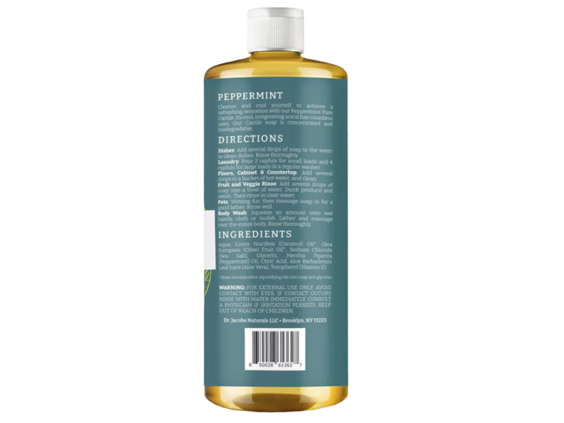 Dr Jacobs Plant-Based Pure Castile All In 1 Soap, Peppermint Essential Oil, 32 oz/946 mL
