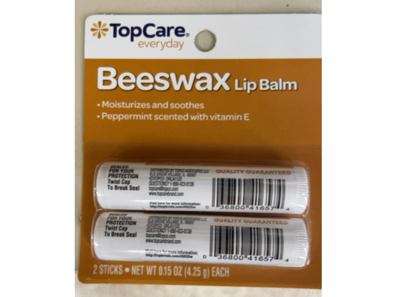TopCare Everyday Beeswax Lip Balm, Peppermint + Vitamin E , 0.15 oz/4.25 g, 2Count