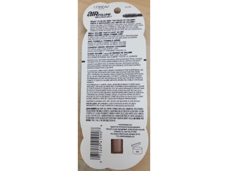 L'Oreal Paris Makeup Air Volume Mega Mascara, Washable Black, 0.3 fl oz