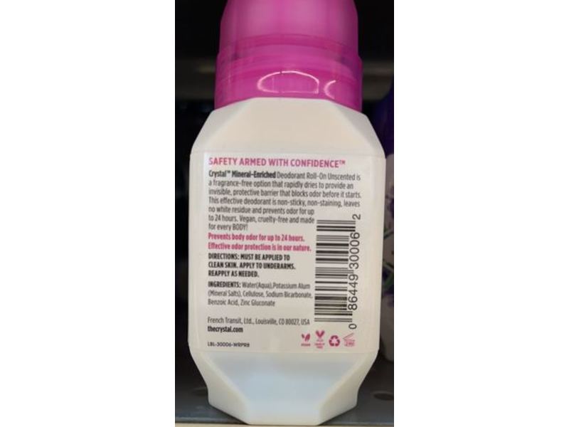 Crystal Mineral-Enriched Deodorant Roll-On, Unscented, 2.25 fl oz/66 mL