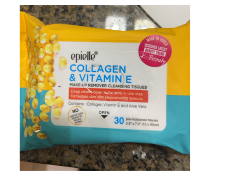 Epielle Make-Up Remover Cleansing Tissues, Collagen & Vitamin E, 30 Count