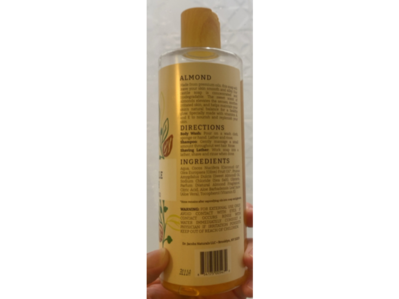 Dr Jacobs Naturals Plant-Based Rich Castile Body Wash, Almond, 16 oz/473 mL