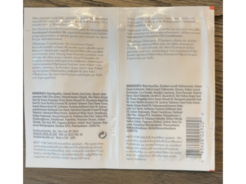 Bumble And Bumble Invisible Oil Hair Dresser's Shampoo & Conditioner, 0.24 fl oz/7 mL