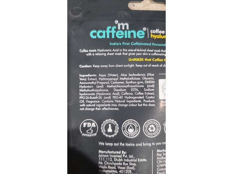 MCaffeine Hydration Burst Coffee Sheet Mask, Hyaluronic Acid, 0.7 oz/20 g, 1 Count