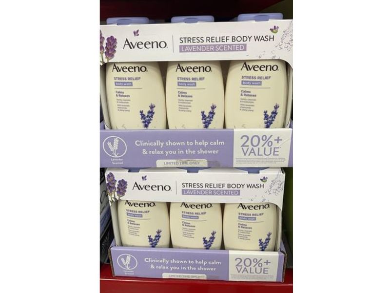 Aveeno Stress Releif Body Wash, Lavender + Chamomile, + Ylang - Ylang, 18 fl oz/532 mL, Pack Of 3