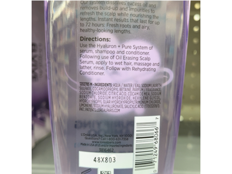 L'oreal Paris Elvive Purifying Shampoo, Salicylic + Hyaluronic Acid, 13.5 fl oz/399 mL