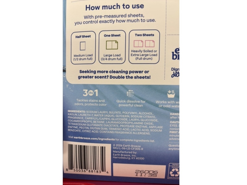 Earth Breeze Laundry Detergent Sheets, Citrus Fresh, 60 Loads, 30 Count