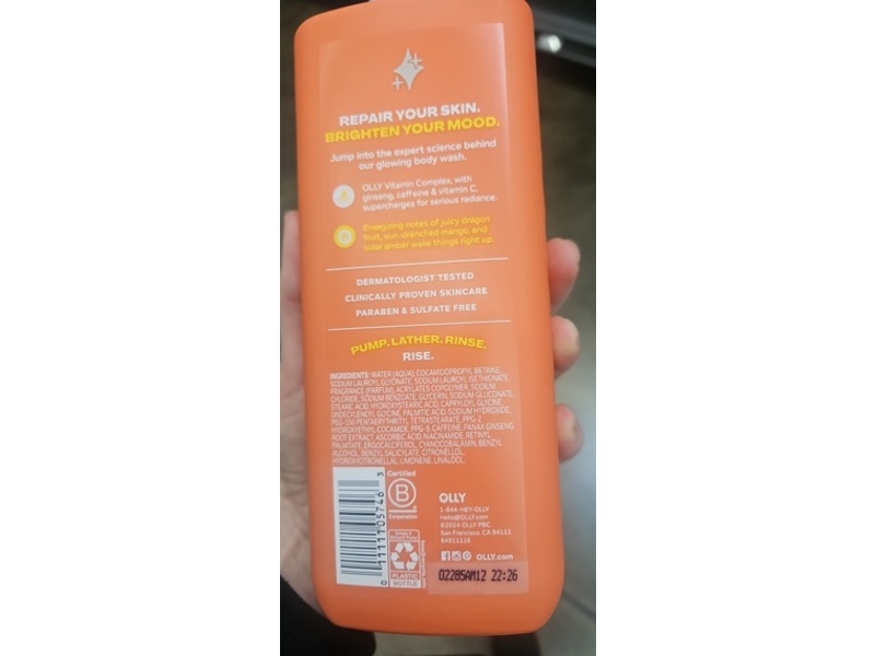 Olly Bright Mood + Skin Vitamin Infused Body Wash, Radiant Citrus Currant, 17 fl oz/502 mL