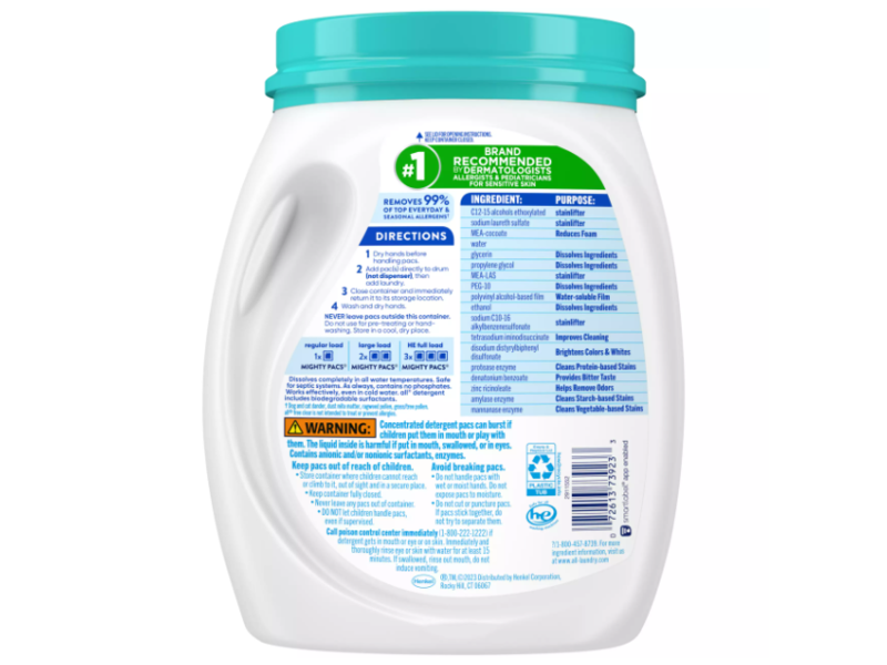 All 4 In 1 Free Clear Mighty Pacs Detergent Pacs, Odor Relief, 43.4 oz/1.23 kg, 56 Count