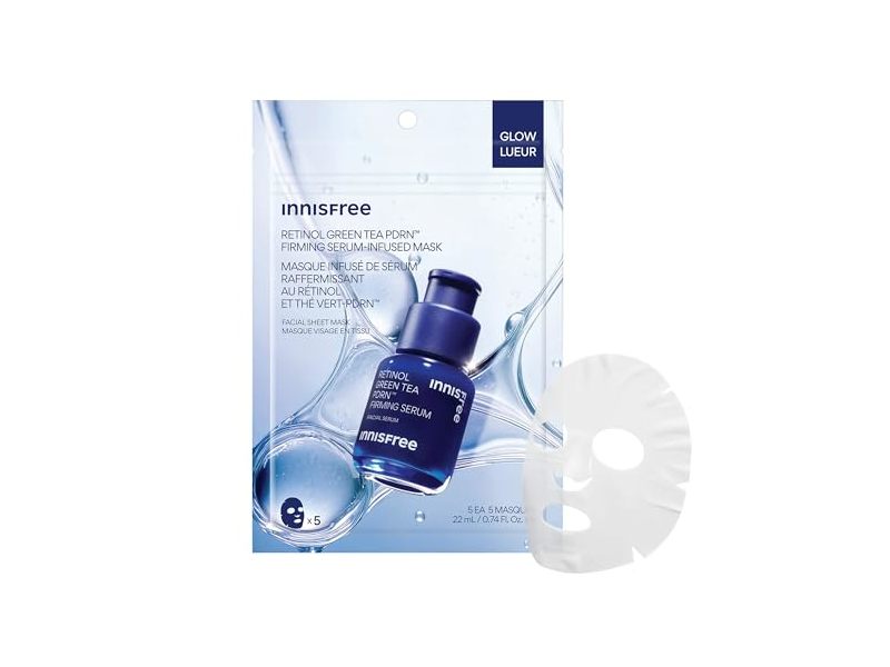 Innisfree Firming Serum-Infused Mask, Retinol Green Tea PDRN, 0.74 fl oz/22 mL, 5 Count
