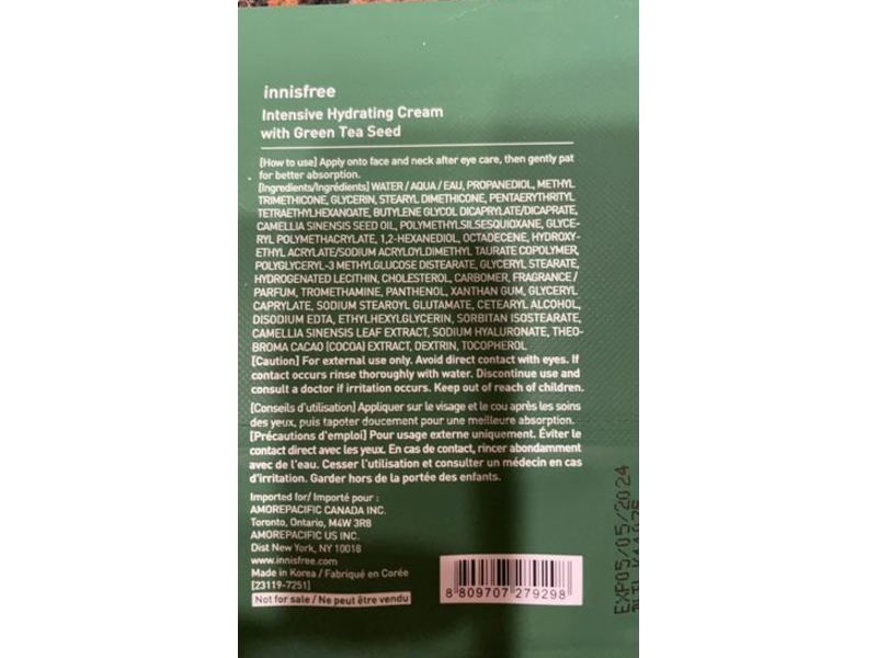 Innisfree Intensive Hydrating Facial Cream, Green Tea Seed, 0.03 fl oz/1 mL