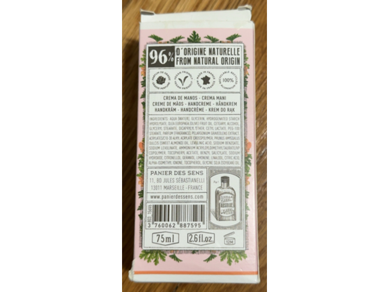 Panier Des Sens Hand Cream, Rose Geranium Absolute, 2.6 fl oz/75 mL