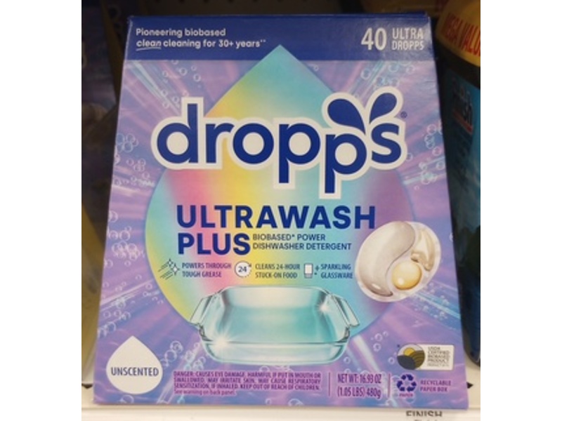 Dropps Ultrawash Plus Dishwasher Detergent, Unscented, 16.93 oz/480 g, 40 Count
