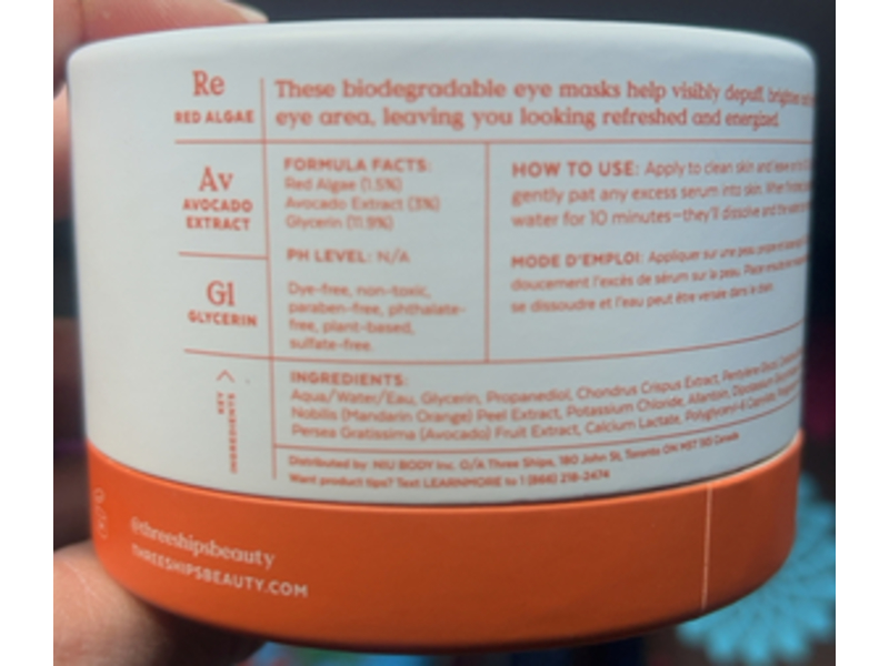 Three Ships Brighter Days Biodegradable Eye Masks, Red Algae + Avocado, 2.92 oz/83 g, 60 Count