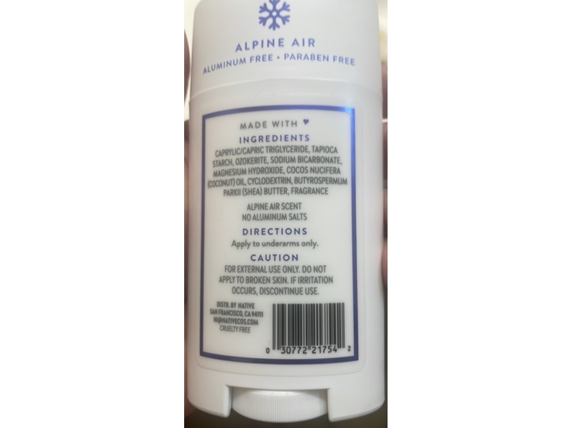 Native Deodorant, Alpine Air, 2.65 fl oz/75 g, Pack Of 2