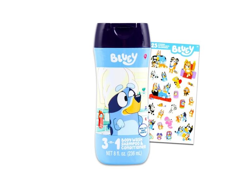 Bluey 3 In 1 Body Wash, Shampoo & Conditioner + Stickers, Berry, 8 fl oz/236 mL