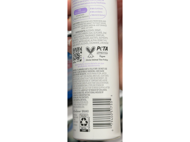 Dove Cooling Whole Body Deodorant Spray, Coconut & Vanilla, 4 oz/113 g