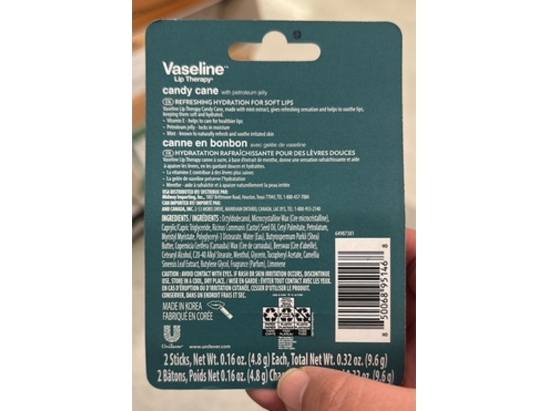 Vaseline Holiday Edition Lip Therapy Stick, Candy Cane, 0.16 oz/4,8 g, 2 Pack