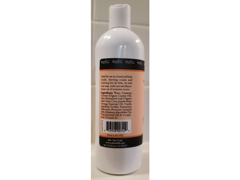 Plantlife Hand & Body Foam Soap, Vanilla Orange, Refill, 16 fl oz/480 mL