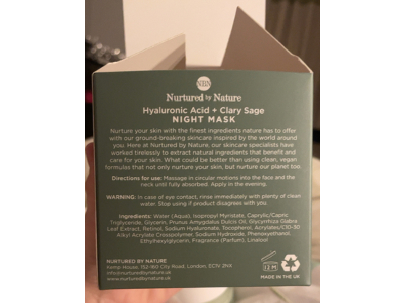 Nurtured By Nature Night Mask, Hyaluronic Acid + Clary Sage, 1.69 fl oz/50 mL