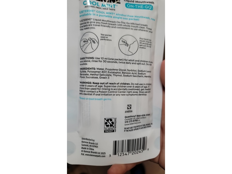 Listerine On-The-Go Liquid Mouthwash, Cool Mint, 0.33 fl oz/10 mL, Pack of 30