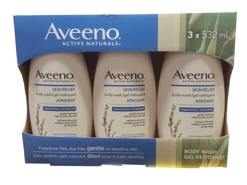 Aveeno Active Naturals Skin Relief Body Wash, Fragrance Free, 18 fl oz/532 mL, Pack Of 3