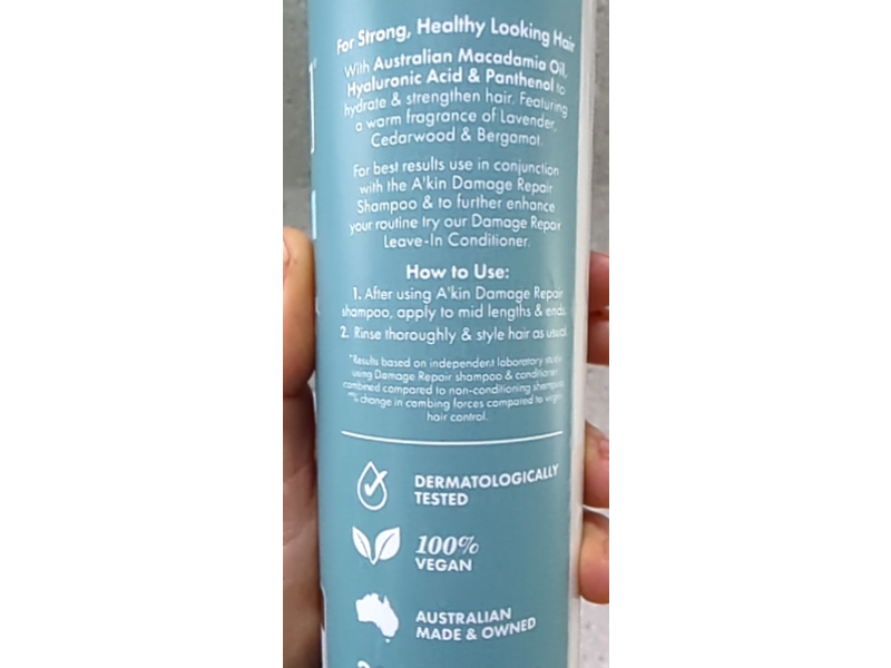 Akin Damage Repair Conditioner, Australian Macadamia Oil, Hyaluronic Acid & Panthenol, 12.68 fl oz/375 mL