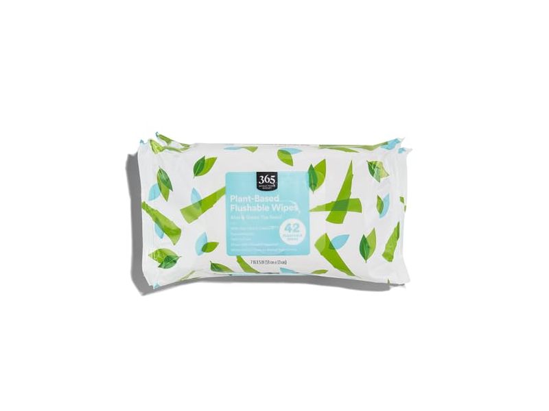 365 Whole Foods Market Plant-Based Flushable Wipes, Aloe & Green Tea, 42 Count, Pack of 3