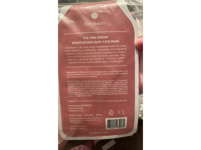 ESW Beauty The Pink Dream Moisturizing Raw Juice Mask, Watermelon Rose Water Grapefruit, 0.85 fl oz/25 ml