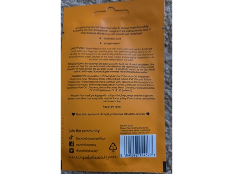 Que Bella Brightening Mango Peel Off Mask, Hyaluronic Acid & Mango Extract, 0.35 oz/10 g