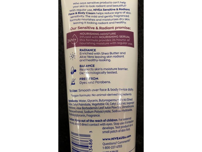 Nivea Sensitive & Radiant Face & Body Cream, Shea Butter & Aloe Vera, 6.8 oz/192 g