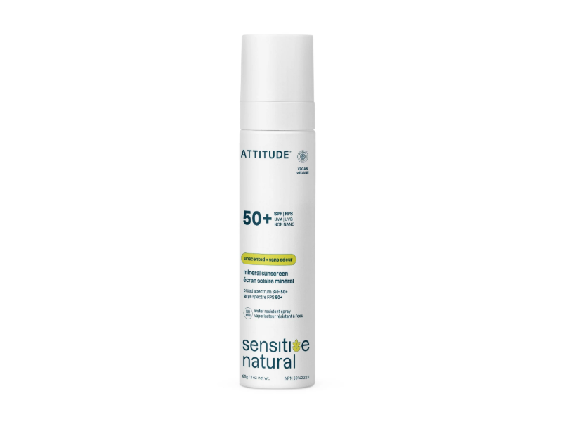 Attitude Sensitive Natural Mineral Sunscreen Spray, Unscented, SPF 50+, 3 oz/85 g