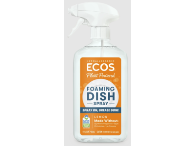 Ecos Plant Powered Foaming Dish Spray, Lemon, 17 fl oz/503 mL, Pack Of 4