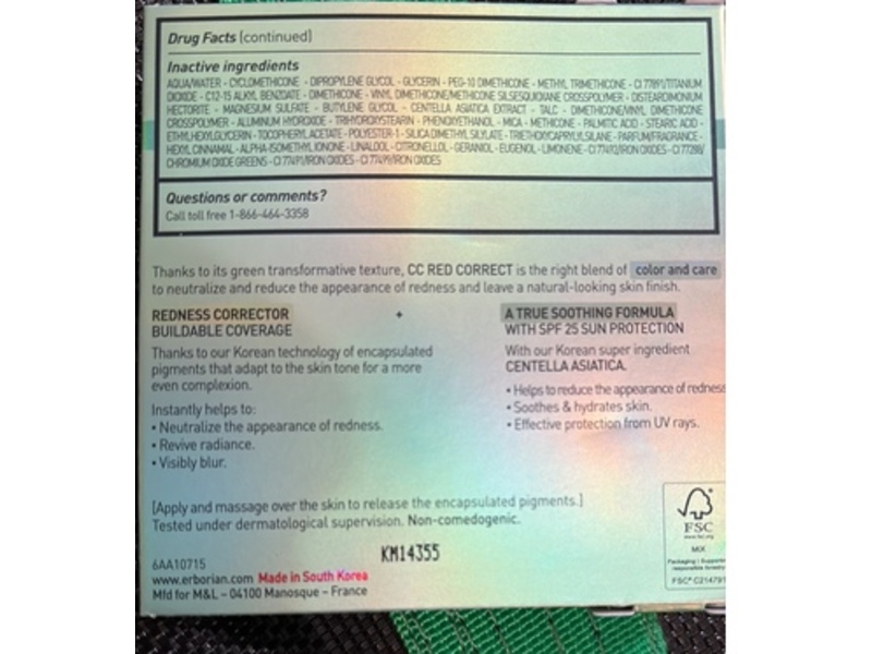 Erborian Cc Red Correct Color Correcting Cream, Centella Asiatica SPF 25, 0.17 oz/5 mL