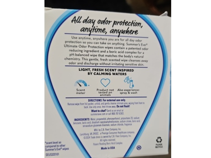 Summer's Eve Ultimate Odor Protection Daily Refreshing Wipes, Boric Acid, 12 Count