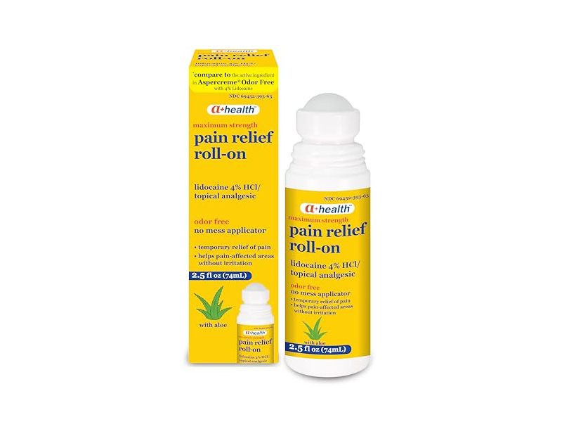 A+Health Maximum Strength Pain Relief Roll-On, Lidocaine 4%, Aloe, 2.5 fl oz/74 mL