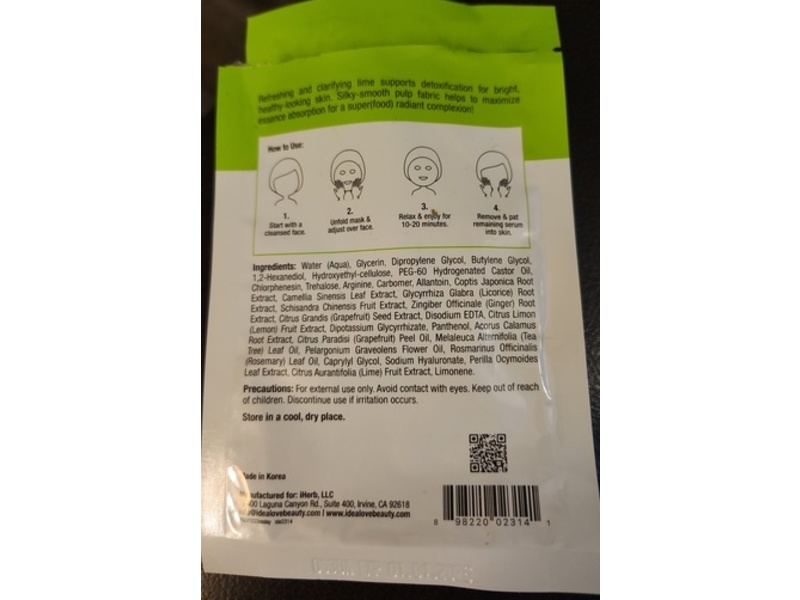 Idealove Superfood Skin Savior Sheet Masks, Lime All Yours, 0.68 fl oz/20 mL, Pack of 5