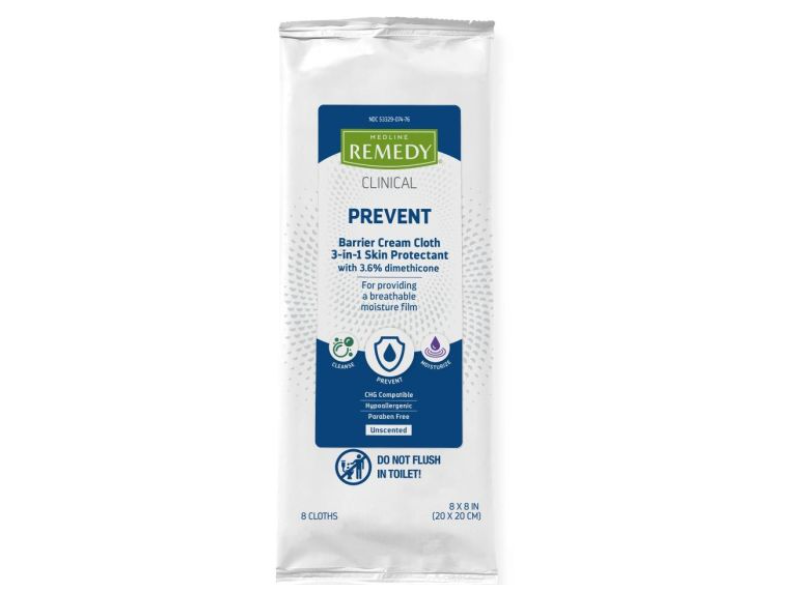 Medline Remedy Clinical Prevent Barrier Cream Cloth 3-In-1 Skin Protectant, Unscented, 8 Count