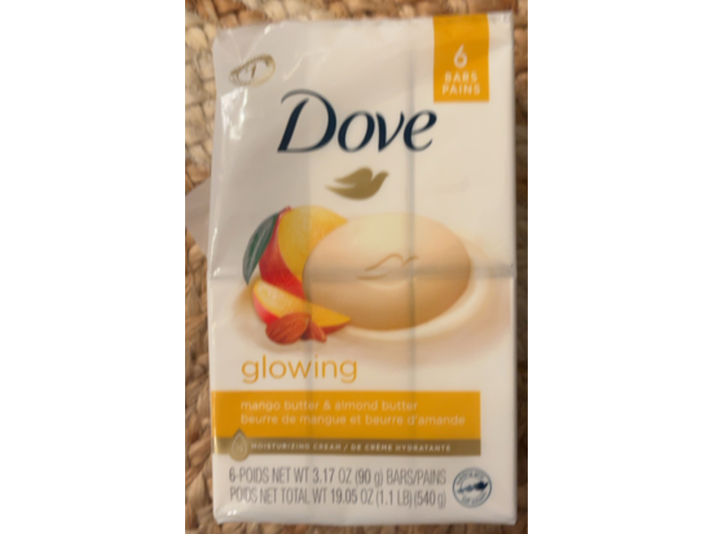 Dove Glowing Moisturizing Cream Bar Soap, Mango Butter & Almond Butter, 3.17 oz/90 g, 6 Count