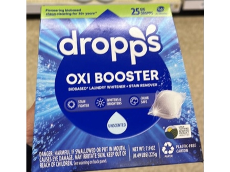 Dropps OXI Booster Laundry Whitener + Stain Remover, Unscented, 7.9 oz/225 g, 25 Count