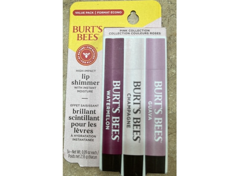 Burt's Bees Lip Shimmer Pink Collection, Watermelon, Champagne, Guava, 0.09 oz/2.55 g