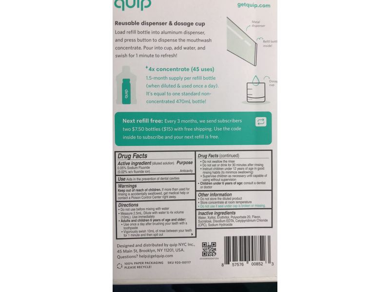 Quip Mouthwash Starter Kit, State Metal, 3.97 fl oz/117.5 mL