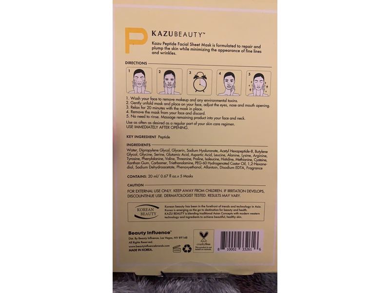 Kazu Beauty Peptide Facial Sheet Mask, 5 Masks