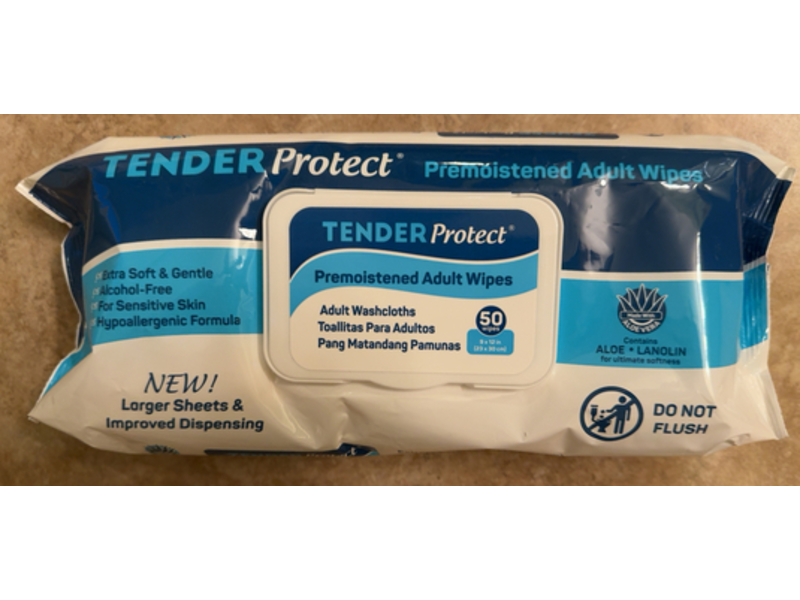 Tender Protect Premoistened Adult Wipes, Aloe + Lanolin, 50 Count