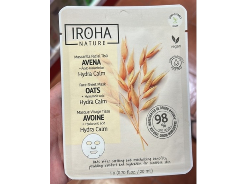 Iroha Nature Hydra Calm Face Sheet Mask, Oat & Hyaluronic acid, 0.70 fl oz/20 mL, 1 Count
