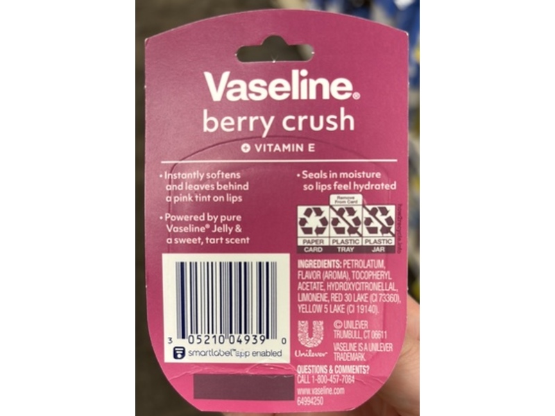 Vaseline Lip Therapy Jelly, Berry Crush, Vitamin E, 0.25 oz/7 g